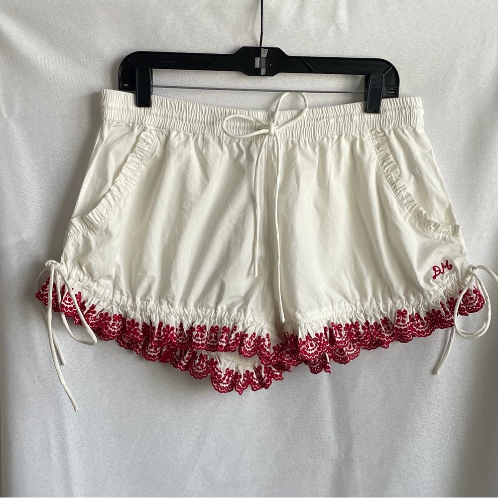 DAMSON MADDER SIZE 10 White Women's Drawstring Shorts with Red Lace Trim NWT